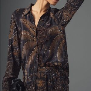 Anthropologie Farm Rio Golden Foliage Buttondown Shirt Black Button Front XL